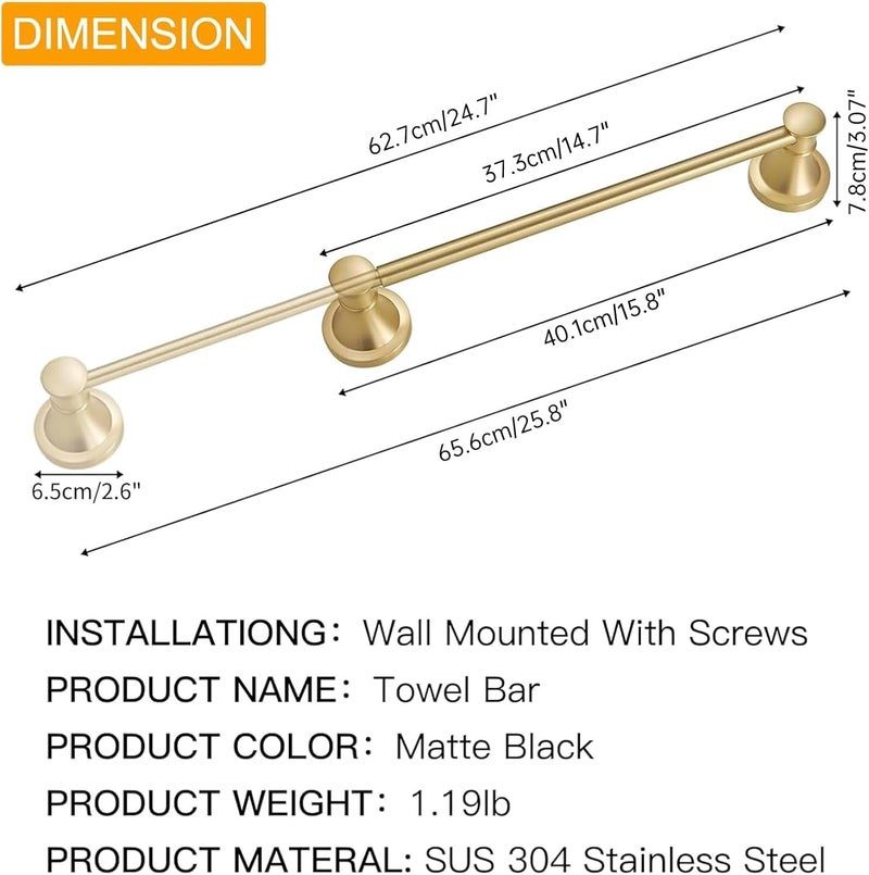 BESy Adjustable 16 to 26 Inch Bath Towel Bar Rack for Bathroom Towel Holder, Wall Mounted Towel Bar Rod Hanger Bathroom Hardware Accessories Hotel Style, Stainless Steel, Brushed Gold - Image 5